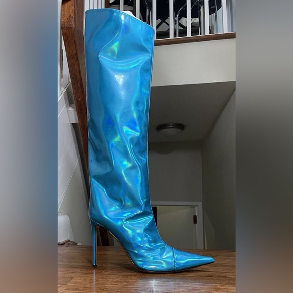 Womens Alexandre Vaulthier Metallic Blue Knee High Heel Boots Size 40 - Picture 1 of 14